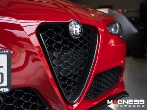 Alfa Romeo Emblems + Badges + Wheel Caps Kit - Black - "Alfa Romeo" + "Sportiva" Emblems + 2 AR Badges + 4 Center Caps